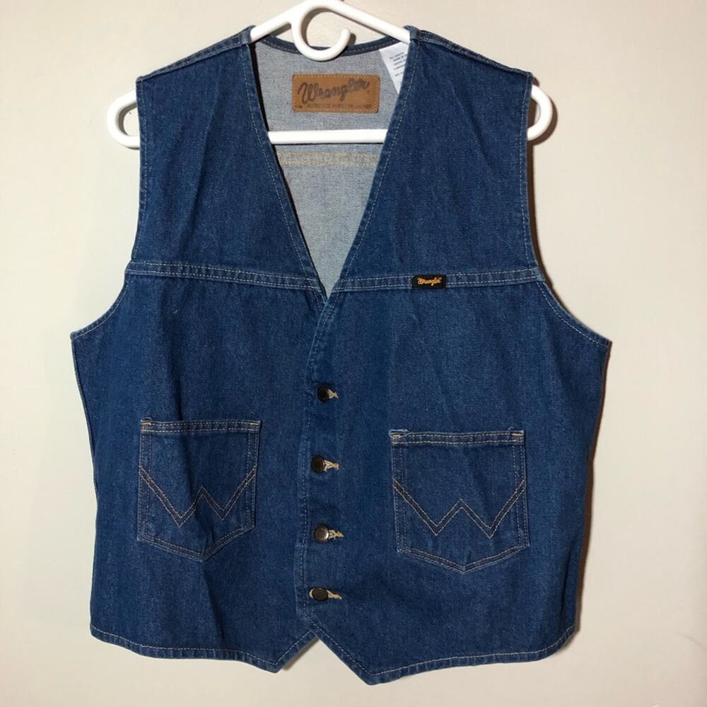 Vintage wrangler denim jean vest mens large pockets metal button trucker western